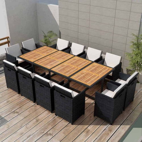 13 Piece Outdoor Dining Set with Cushions Poly Rattan Black