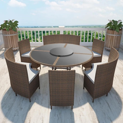 7 Piece Outdoor Dining Set with Cushions Poly Rattan Brown