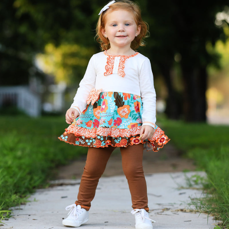 AnnLoren Girls Holiday Autumn Floral Ruffle Thanksgiving Dress &